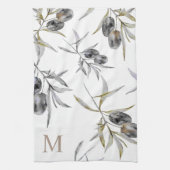 トスカーナ素朴ウウォーターカラーオリーブ枝モノグラム キッチンタオル (縦)
