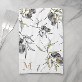 トスカーナ素朴ウウォーターカラーオリーブ枝モノグラム キッチンタオル