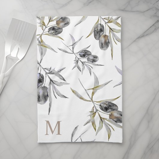 トスカーナ素朴ウウォーターカラーオリーブ枝モノグラム キッチンタオル