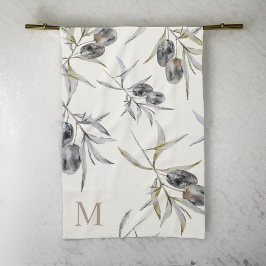 トスカーナ素朴ウウォーターカラーオリーブ枝モノグラム キッチンタオル