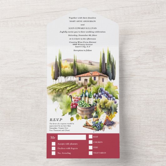 トスカーナ結婚の水彩燃イタリアンワイナリー オールインワン招待状 (内側)