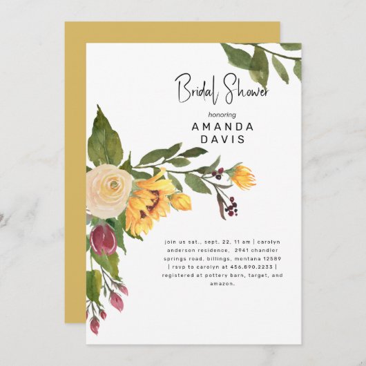 トスカーナ金ゴールドひまわりフローラブライダルシャワー 招待状 (正面/裏面)