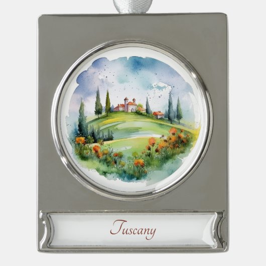 トスカーナ、イタリア旅行アートウォーターカラーオーナメント シルバープレートバナーオーナメント (正面)