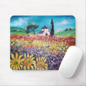 トスカーナ/畑、ケシ、ヒマワリの植物 マウスパッド (マウス)