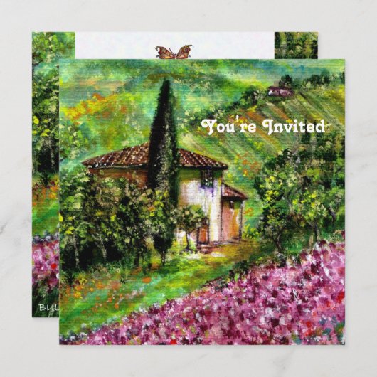 トスカーニのアイリス、緑と紫の花のフィールド 招待状 (正面/裏面)