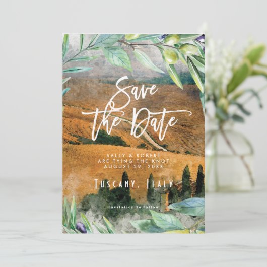 トスカーニイタリアオリーブ結婚式は日付カードを保存 サンキューカード (スタンド正面)