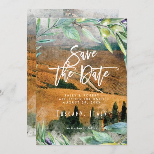 トスカーニイタリアオリーブ結婚式は日付カードを保存 サンキューカード (正面/裏面)