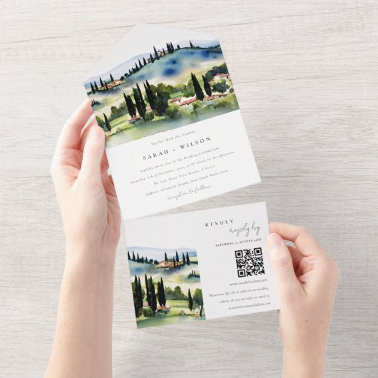 トスカーニイタリア水彩風景結婚のQRコード オールインワン招待状 (貼ってはがせる)