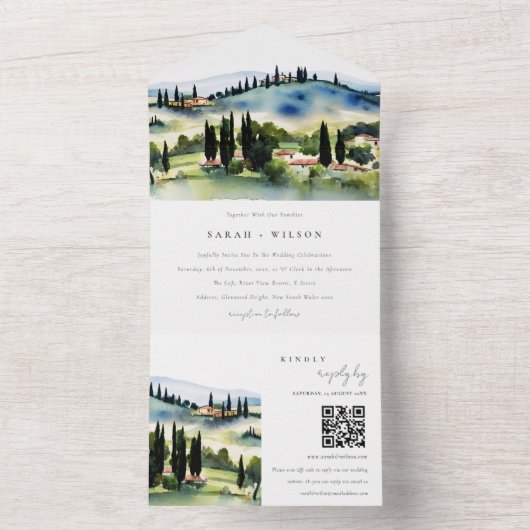 トスカーニイタリア水彩風景結婚のQRコード オールインワン招待状 (内側)