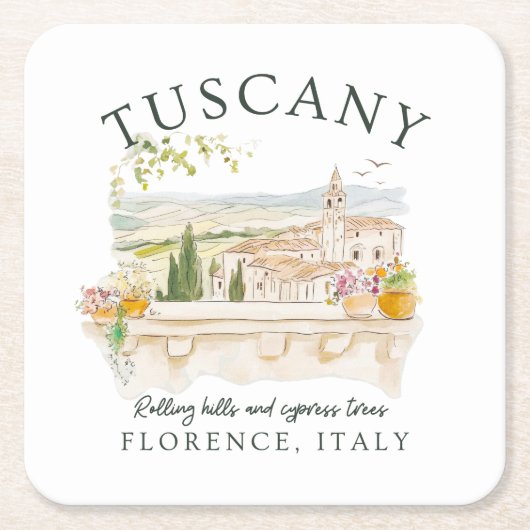 トスカーニイタリア – フィレンツェ丘陵とヒノキ スクエアペーパーコースター (正面)