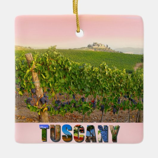 トスカーニイタリイタリアンヴィネヤードピンクのクリスマス セラミックオーナメント (正面)