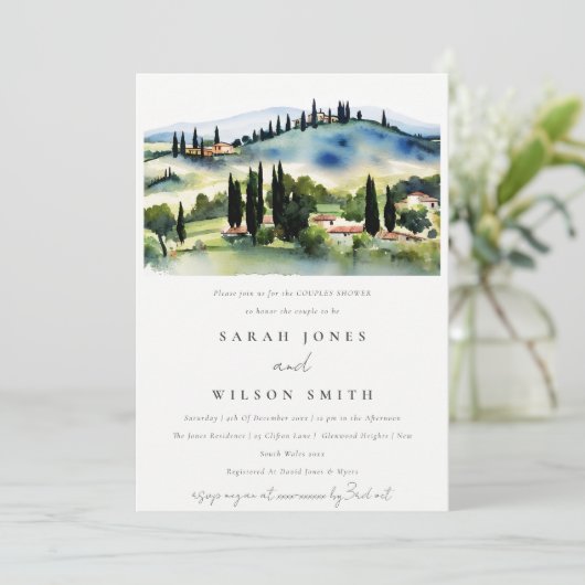トスカーニーイタリア水彩風景カップルのシャワー 招待状 (スタンド正面)