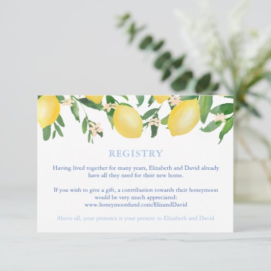 トスカーニーレモン青いタイルウェディングシャワーレジストリ エンクロージャーカード (スタンド正面)