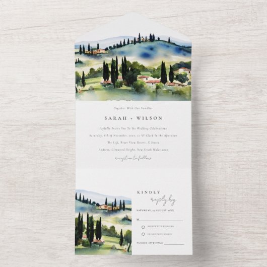 トスカーニ イタリア 水彩画 ランドスケープ ウェディング オールインワン招待状 (内側)