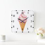 トッピング付きワッフルコーンのストロベリーサンデース スクエア壁時計 (ホーム)