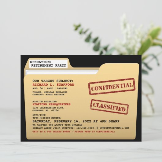 トップおもしろいシークレットファイルサプライズ退職パーティー 招待状 (スタンド正面)
