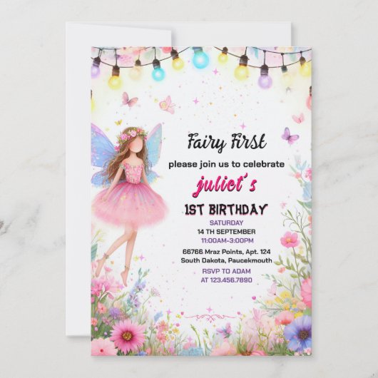 トップかわいいフローラピンクの女の子の妖精の最初の誕生日 招待状 (正面)