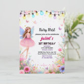 トップかわいいフローラピンクの女の子の妖精の最初の誕生日 招待状 (スタンド正面)