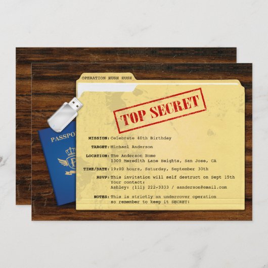 トップシークレットエージェントミッションサプライズパーティの招待状 招待状 (正面/裏面)