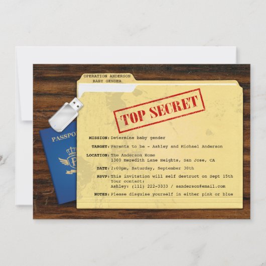 トップシークレットエージェントミッションベビー性別の表示パーティー 招待状 (正面)
