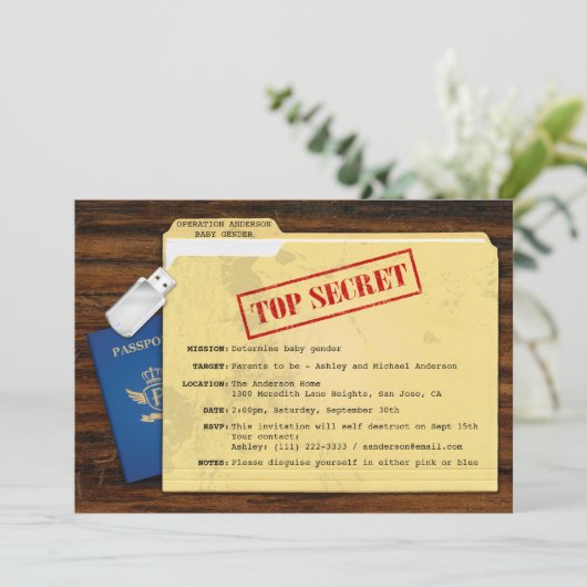 トップシークレットエージェントミッションベビー性別の表示パーティー 招待状 (スタンド正面)