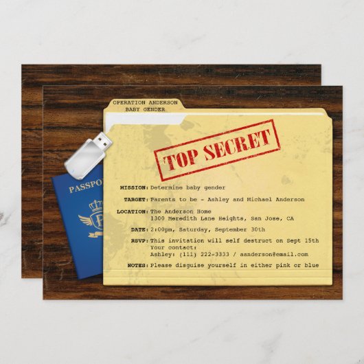 トップシークレットエージェントミッションベビー性別の表示パーティー 招待状 (正面/裏面)
