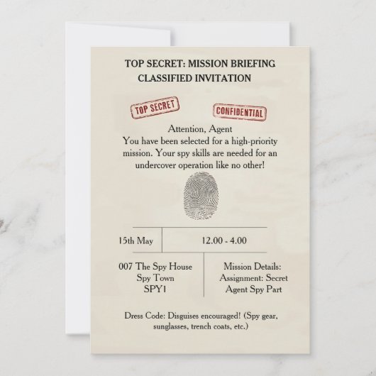トップシークレットスパイ任務キッズパーティー 招待状 (正面)