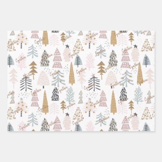 トップシート上の名前、3つの折り返し紙モダンツリー ラッピングペーパーシート (正面)