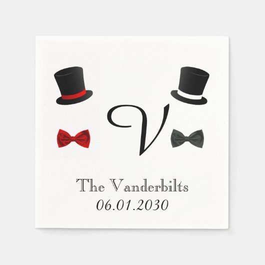 トップハットとボウタイゲイモノグラム結婚ズ スタンダードカクテルナプキン (正面)