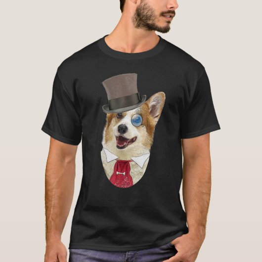 トップハットと単眼鏡の紳士コーギー Tシャツ (正面)