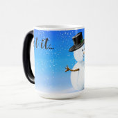 トップハットにすてき雪だるまを雪に置く モーフィングマグカップ (正面左)