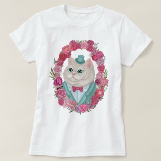 トップハットに入ったダーピーな白猫 Tシャツ (デザイン正面)