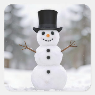トップハットをかぶった幸せな雪だるま スクエアシール