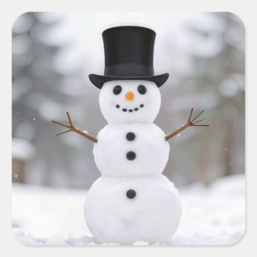 トップハットをかぶった幸せな雪だるま スクエアシール (正面)