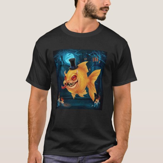 トップハットをかぶった鮮やかな色の不気味な魚のハロウィン Tシャツ (正面)