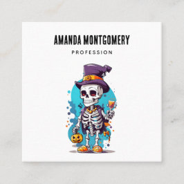 トップハットを着た面白いハロウィーンのスケルトン スクエア名刺