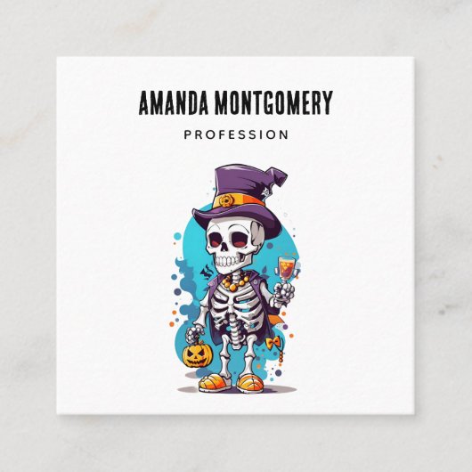 トップハットを着た面白いハロウィーンのスケルトン スクエア名刺 (正面)