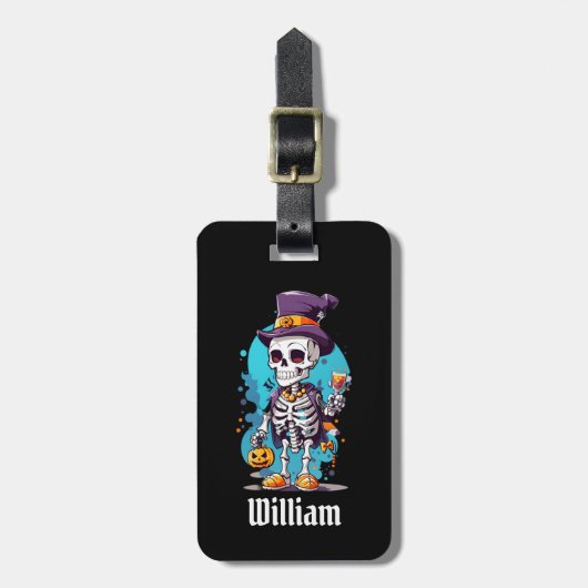 トップハットを着た面白いハロウィーンのスケルトン ラゲッジタグ (正面縦)