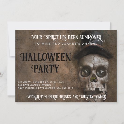 トップハットを被ったドクロのハロウィンパーティー 招待状 (正面)