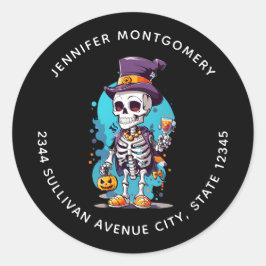 トップハットアドレスを着た面白いハロウィーンのスケルトン ラウンドシール