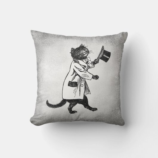 トップハットキャットキャフェイクンバスヴィンテージアート装飾用クッション クッション (正面)