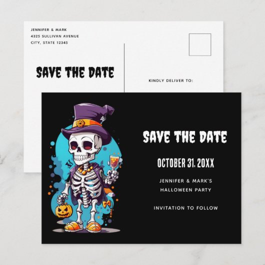 トップハットクールハロウィーンのスケルトン日付を保存 インビテーションポストカード (正面/裏面)