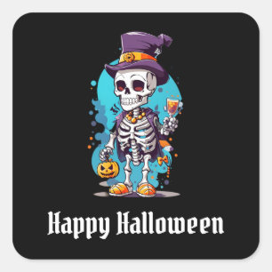 トップハットハッピーハローウィンのスケルトン スクエアシール