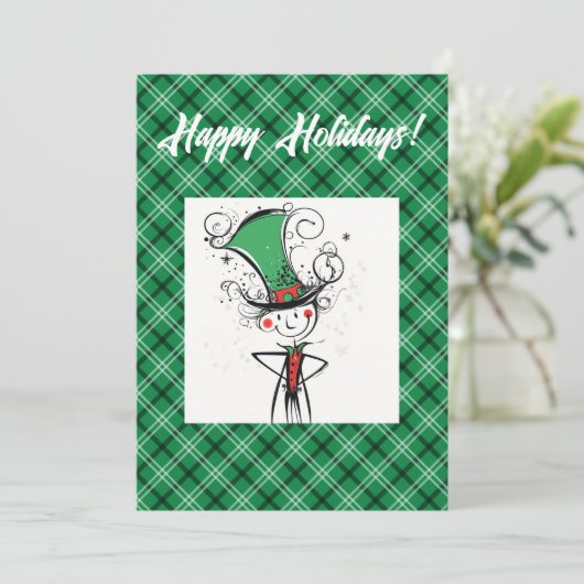 トップハットファンシー付き笑顔のAIクリスマス小妖精や小人 シーズンカード (スタンド正面)