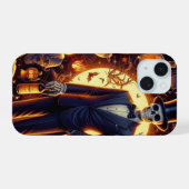 トップハット付きタックスのハロウィーンスケルトン iPhone 15ケース (裏面横)