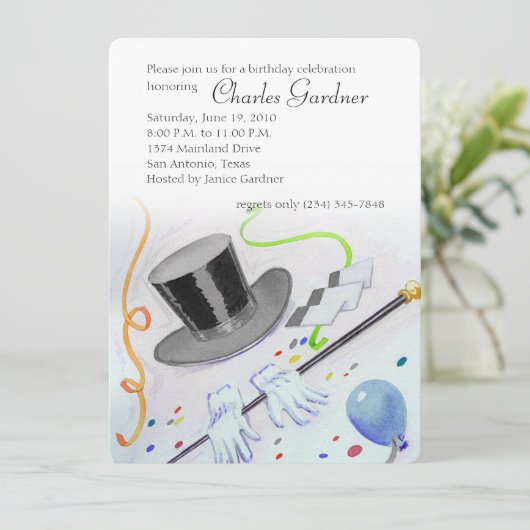 トップハット杖と手袋誕生日 招待状 (スタンド正面)
