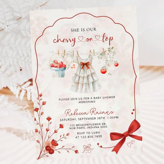 トップピンクエレガントの赤ちゃんシャワーの水彩さくらんぼ 招待状