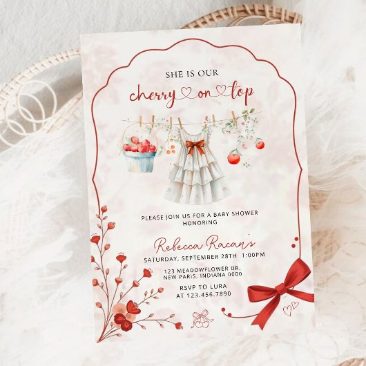 トップピンクエレガントの赤ちゃんシャワーの水彩さくらんぼ 招待状