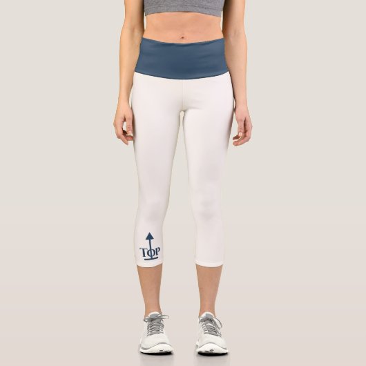 トップ深いシーブルーオンをほぼ白 カプリレギンス (正面)