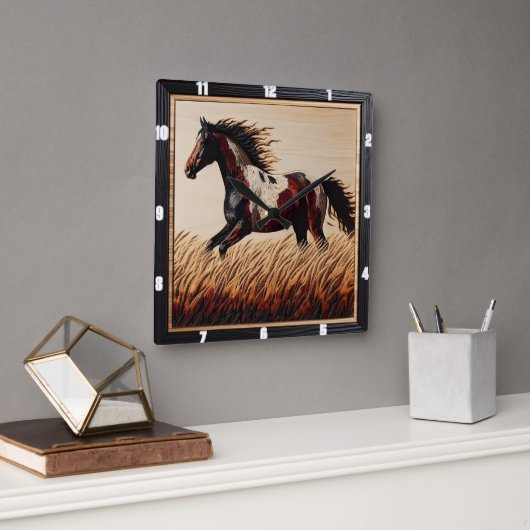 トッ絵を描ト:カスタム木製フィールド太陽 スクエア壁時計 (オフィス)